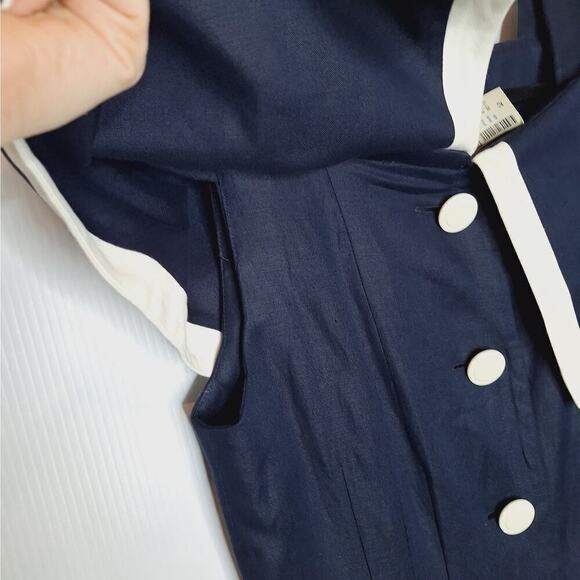 Vintage 90s Courtenay Linen Blend Off Shoulder Midi Shirt Dress M Navy Nautical - Picture 7 of 10